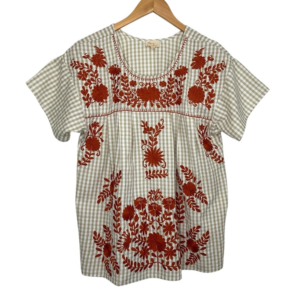 Layerz Clothing Floral Embroidered Gingham Peasant Top Sz Medium Tan Orange